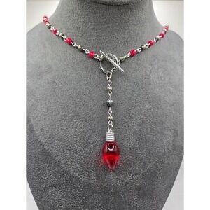 Handmade Necklace Y-Shape Rosary Red Silver Bead Christmas Light Charm # Festive